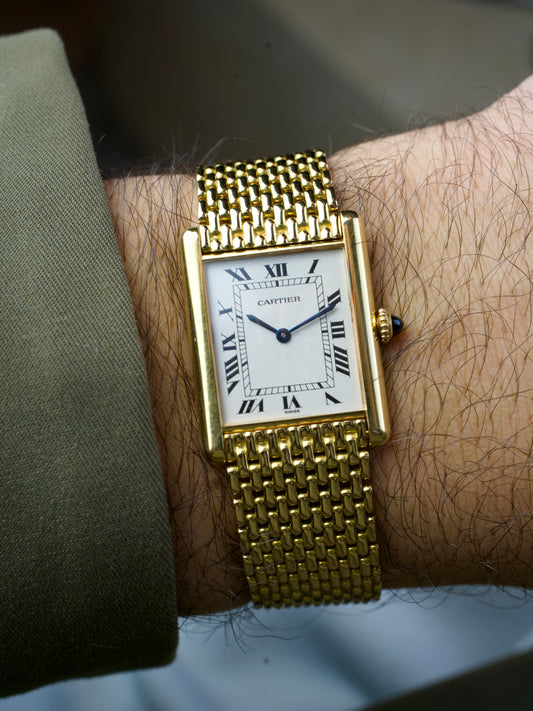 1990s Cartier Tank Louis 96065 Grain de Riz Extra Plate FULL SET Flinque’ pre CPCP 18K Yellow Gold