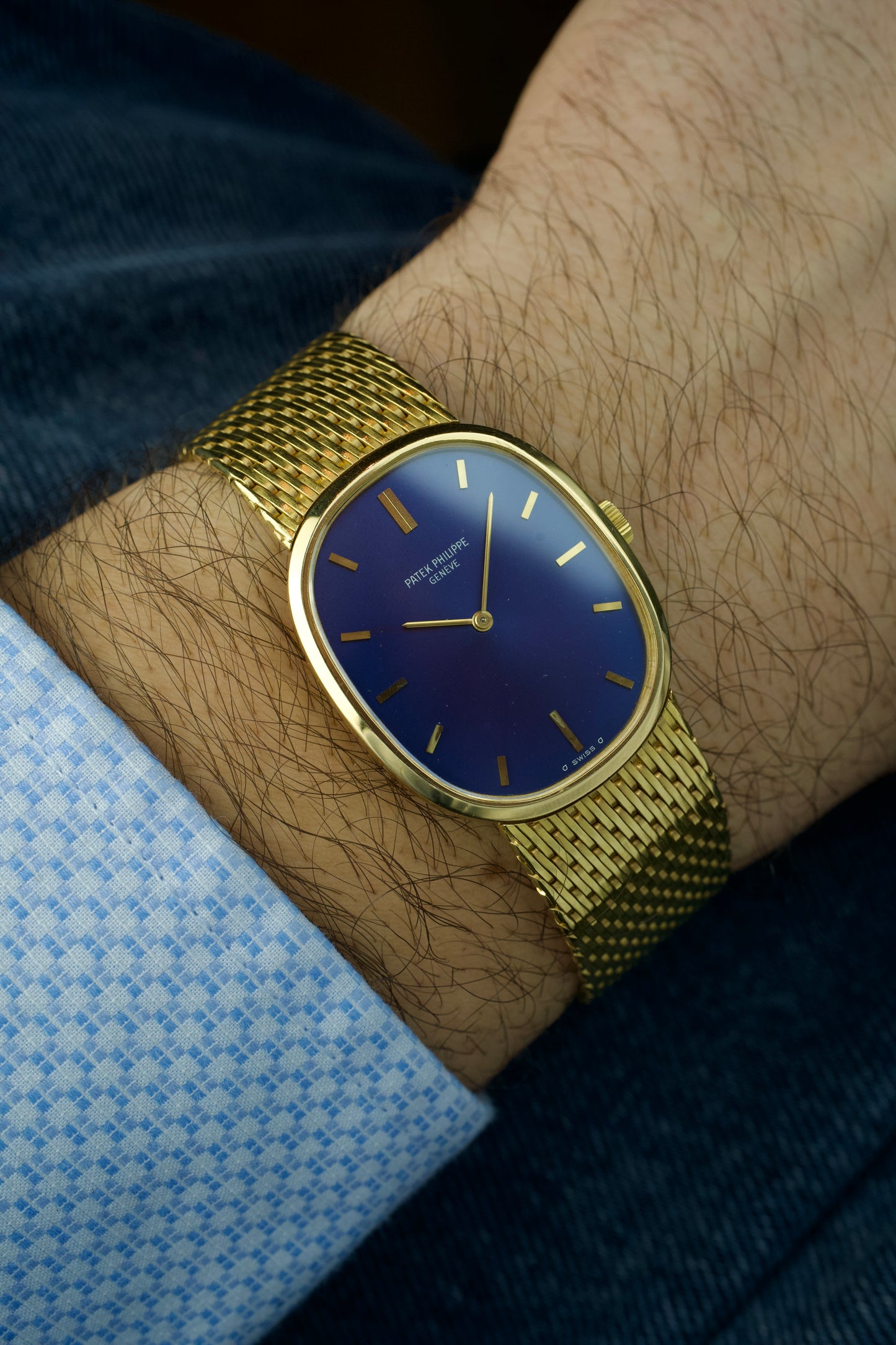 80s Patek Philippe Ellipse 3748 Blue Sunburst 18 Carat Yellow Gold