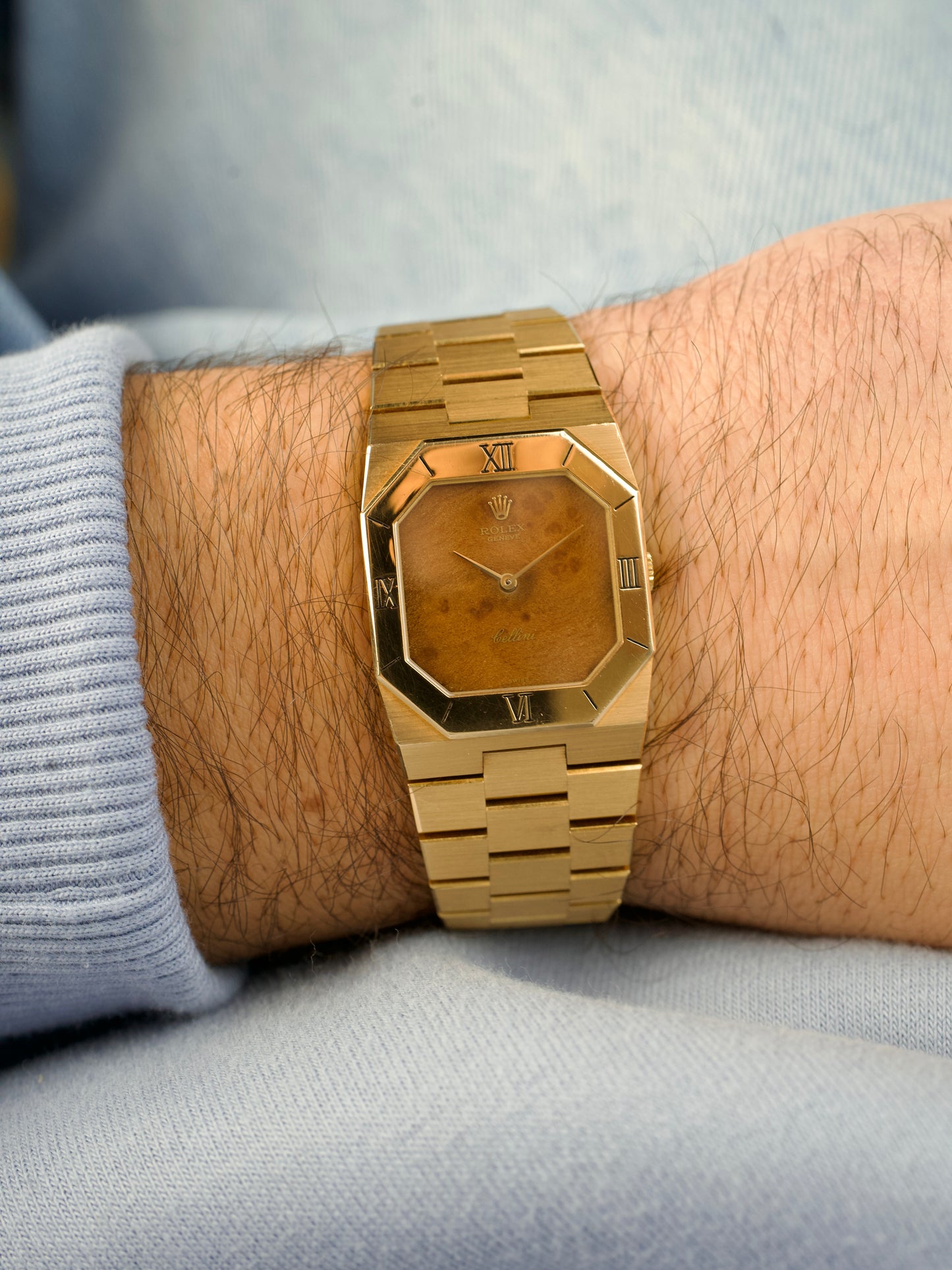 1970s Rolex Cellini Octagon 4350 Wood 18 Carat Yellow Gold