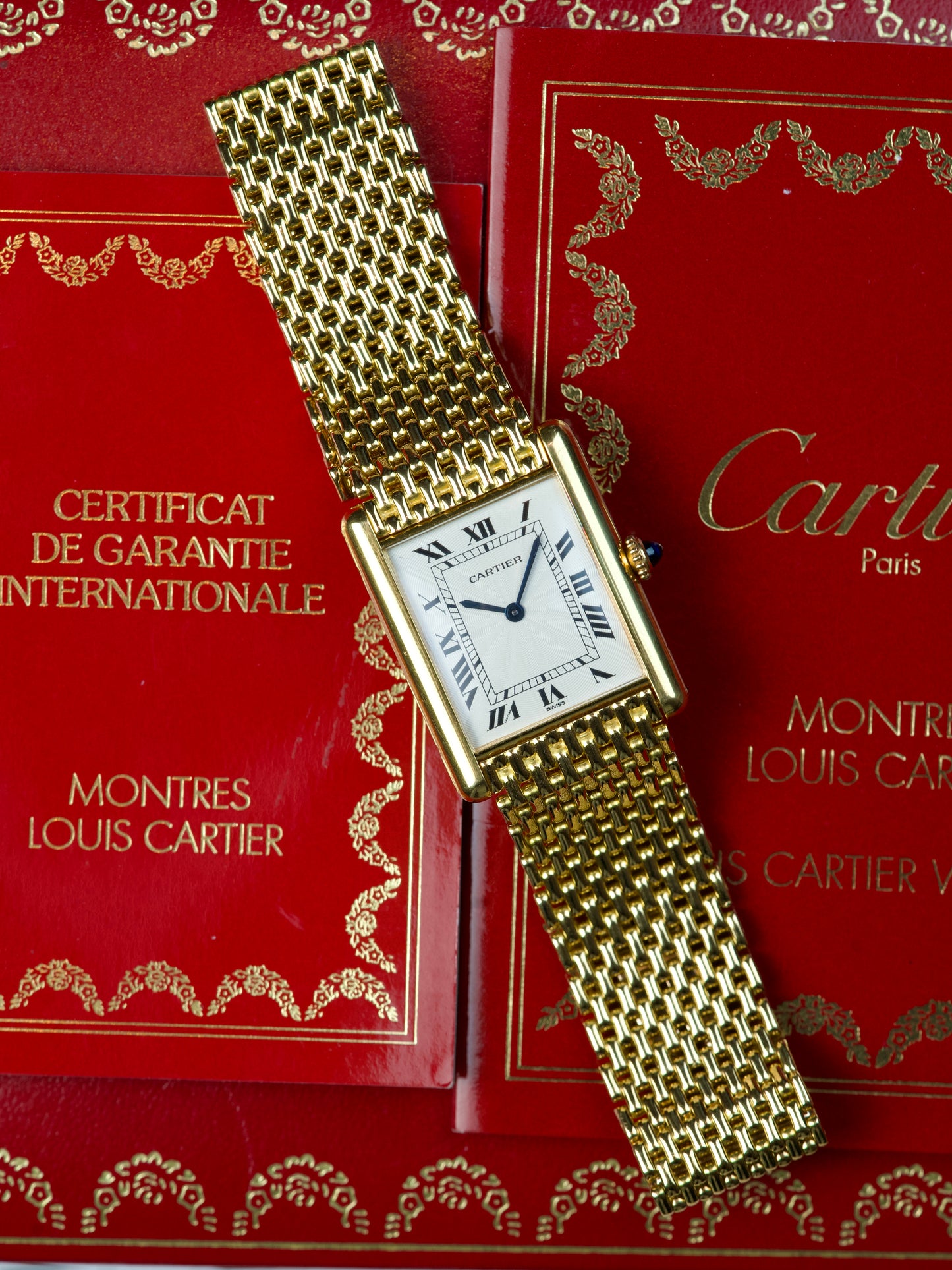 1990s Cartier Tank Louis 96065 Grain de Riz Extra Plate FULL SET Flinque’ pre CPCP 18K Yellow Gold