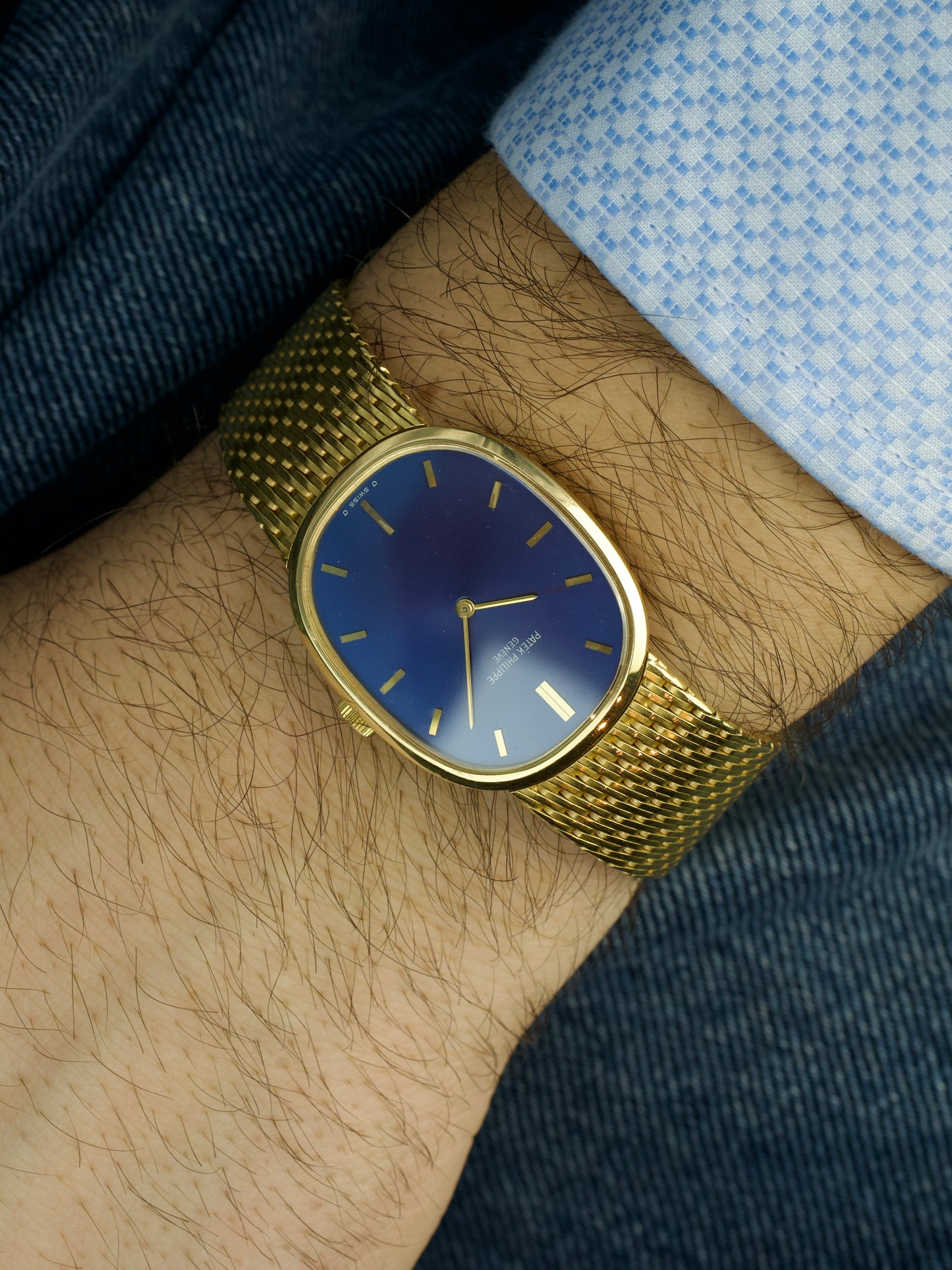 80s Patek Philippe Ellipse 3748 Blue Sunburst 18 Carat Yellow Gold